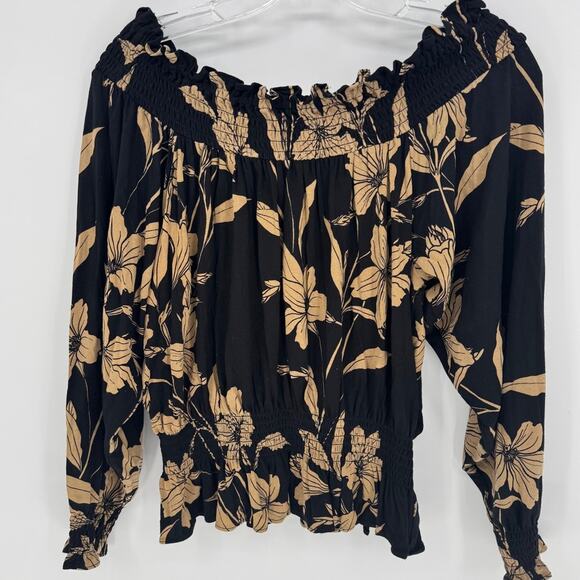 Lauren Ralph Lauren Black Tan Floral Off Shoulder Smocked Long Sleeve Blouse S - Picture 2 of 8